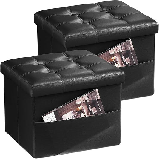 Bsketa Storage Ottoman Foot Rest Stool, Small Leather Storage Ottomans Bench, Folding Footstool with Side Pockets, Foot Rest Under Desk for Living Room Bedroom, 16x12x12 in, Black 2 Pack