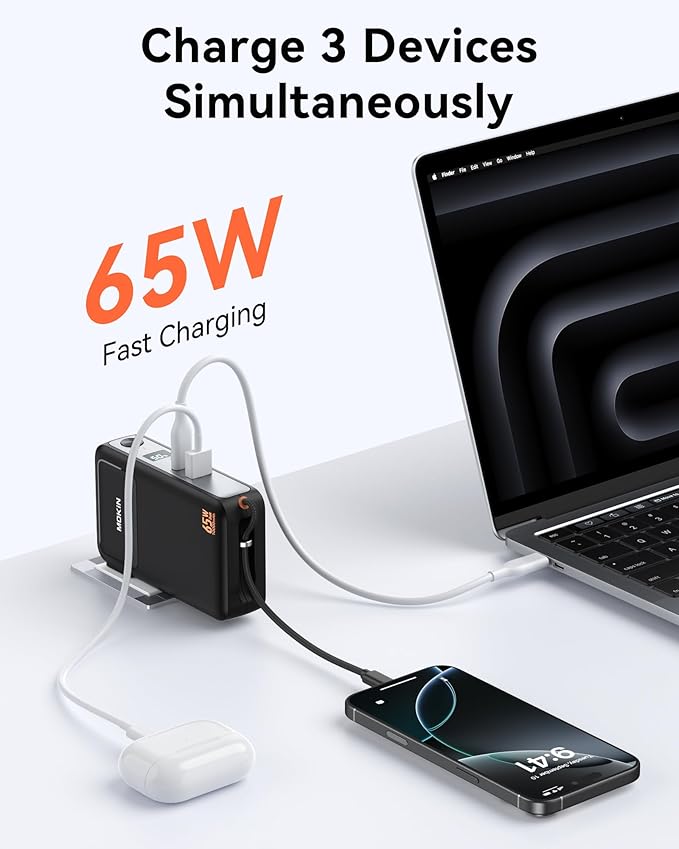 Portable Charger, 10000mAh Power Bank Built in Cable and Wall Plug 65W for Laptop, 3 in 1 Phone Battery Pack 35W Fast Charging, Travel Essentials USB-C Compatible with iPhone 17 16 15 Samsung MacBook
