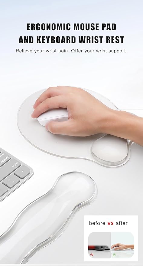 Mouse Pad with Wrist Rest, Soft Cloud Gel Keyboard Mouse Pad Set with Hand Wrist Support, Cute Non Slip Office Desk Accessories for Comfort/Pain Relief/Computer/Laptop (2Pc Clear Wave)