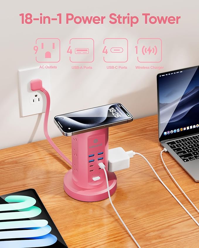 Power Strip Tower, kakyanill Surge Protector Tower 9 AC Outlets 8 USB (4 USB C), 6 Ft Retractable Extension Cord, Charging Station for Office Dorm Room, Pink