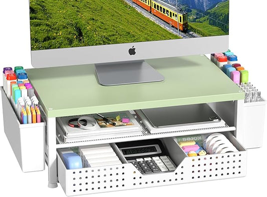 Wood Metal Monitor Stand Riser, Laptop Stand for Desk, Office Desk Organizer and Accessories, Computer Desktop Shelf with Drawer and Pen Holder, Printer Stand for Home, Office, Dorm (Green Wood)