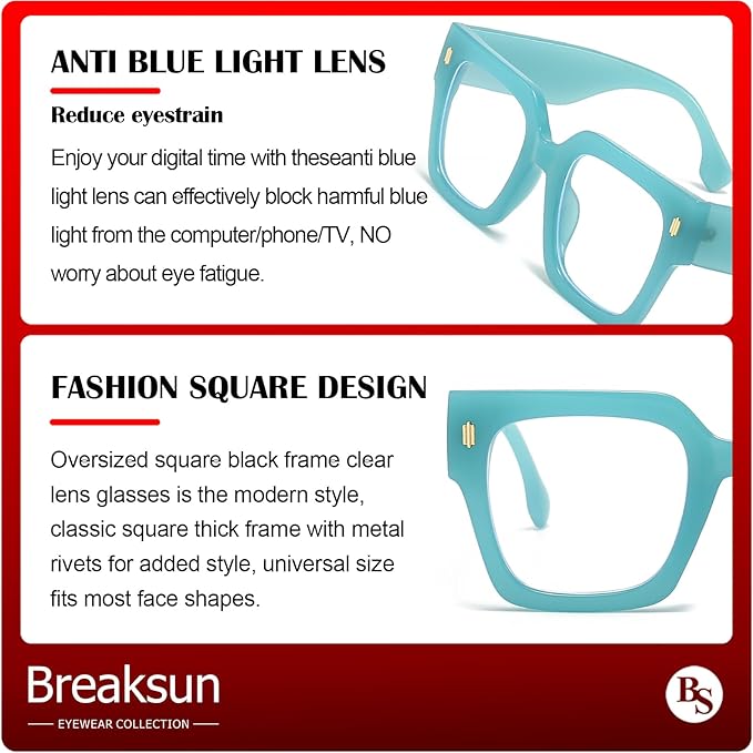 Breaksun Fashion Oversized Blue Light Blocking Glasses for Women Men Trendy Big Square Frame Computer Eyeglasses