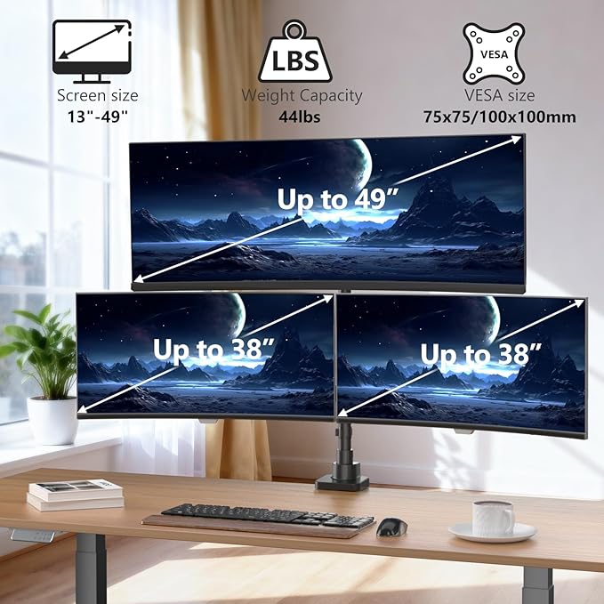WALI Triple Monitor Mount - Extra Tall 3 Monitor Desk Mount for 13-49 Inch Ultrawide Screens, Up to 44 lbs, Fully Adjustable Heavy Duty Monitor Arm, VESA 75/100 mm (GSDM003-P), Black