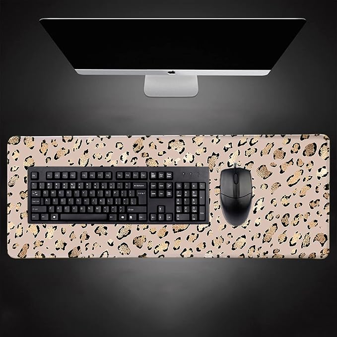 Large Gaming Mouse Pad, Desk Pad, Computer Keyboard Mouse Mat Non-Slip Mousepad Rubber Base and Stitched Edges for Gamer Home&Office, 31.5x11.8 Inch, Leopard Print Gold Shining Spots