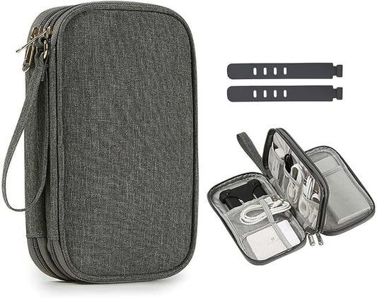 ULLiaN Electronics Travel Organizer Case, Double Layers Tech Pouch Accessories Cord Storage Bag with 2 PCS Data Silicone Ties Portable Cable Bags for Charger Phone Power Bank Sd Card Cables, Grey
