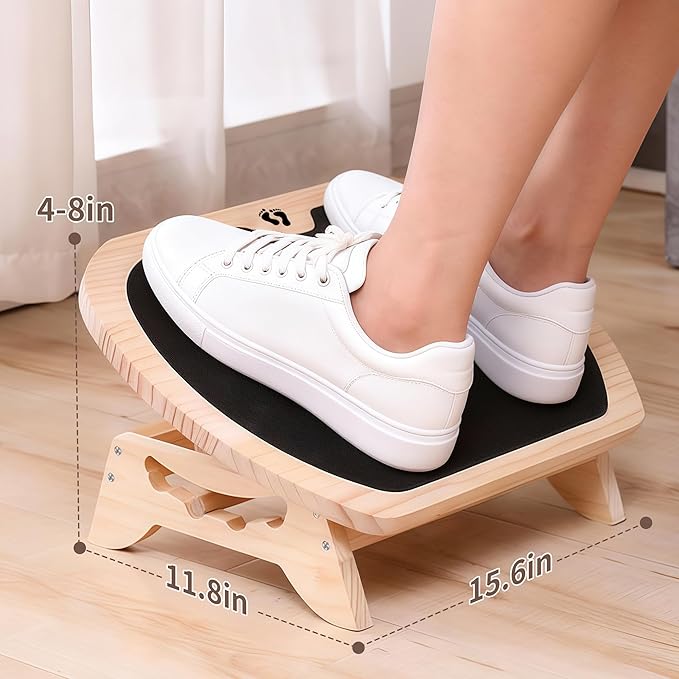Wood Adjustable Under Desk Footrest - Ergonomic Foot Rest with 4-Level Height/Angle, Non-Slip Surface - Improves Posture & Circulation for Home Office(Natural Wood)