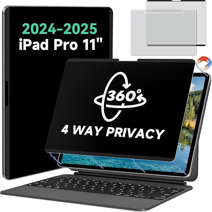 Magnetic 360° Privacy Screen for iPad Pro 11 Inch 2024/2025 M4/M5 (5th/6th Generation) Removable Anti Blue Light Glare Filter, Bubble-Free Black Privacy Screen Protector