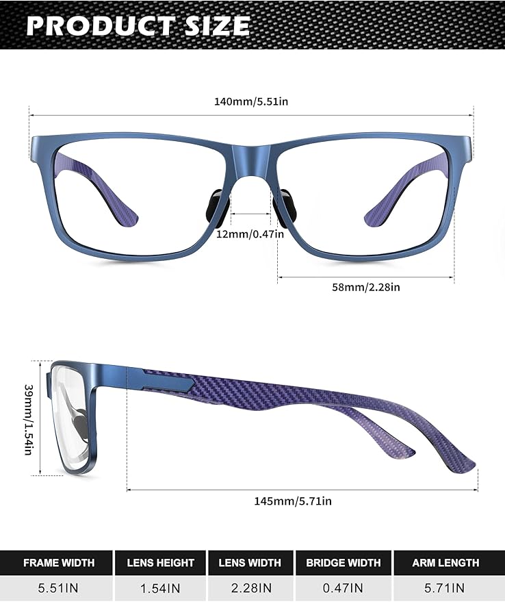 ANYLUV Carbon Fiber Reading Glasses for Men Women, Blue Light Blocking Computer Readers, Anti Glare Spring Hinge