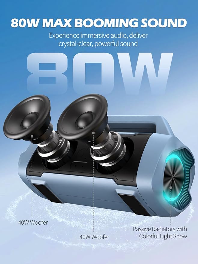Speakers Bluetooth Wireless, 80W Peak Loud Outdoor Speaker with Bass, 20H Playtime, IPX6 Waterproof, TWS，BT5.3, Portable for Camping Hiking Boating Pool Beach, Smoky Blue