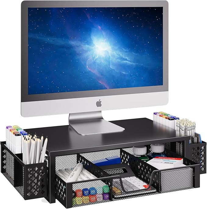 Simple Trending Desk Organizer and Accessories, Computer Metal Monitor Stand Riser with Drawer and Pen Holder for Laptop, Computer, iMac, Black