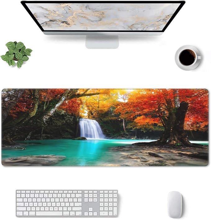 Deep Forest Waterfall Extended Big Mouse Pad Large,XL Gaming Mouse Pad Desk Pad,31.5x11.8inch Long Computer Keyboard Mouse Mat Mousepad with 3mm Non-Slip Base for Home Office Work