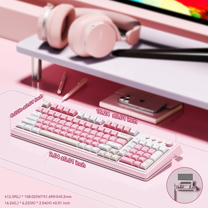 AULA 99 Key Keyboard, Wireless Gaming Keyboard Bluetooth Computer Keyboards Creamy Cute with Number Pad RGB Backlit Tri-Mode BT/2.4GHz/USB-C - Pink