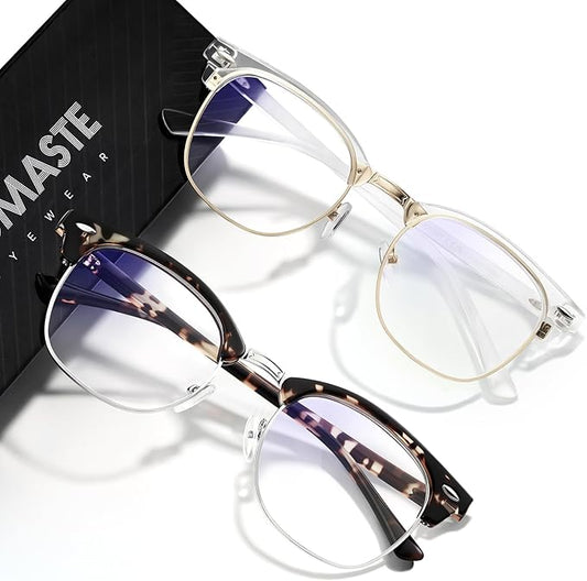 Blue Light Blocking Glasses Vintage Half Frame UV Clear Lens Anti Eyestrain Computer Gaming Glasses for Women Men (G02-crystal Gold+leopard Silver)