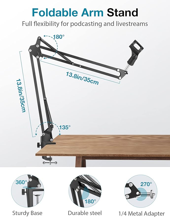 InnoGear Webcam Stand, Boom Arm Mount Stand for Logitech Webcam BRIO 4K C920 C920S C922 C922x C925e C930 NexiGo N60, 1/4"-3/8" and 3/8"-5/8" Screw for Blue Yeti Snowball Yeti Nano and Other Mics - Image 4