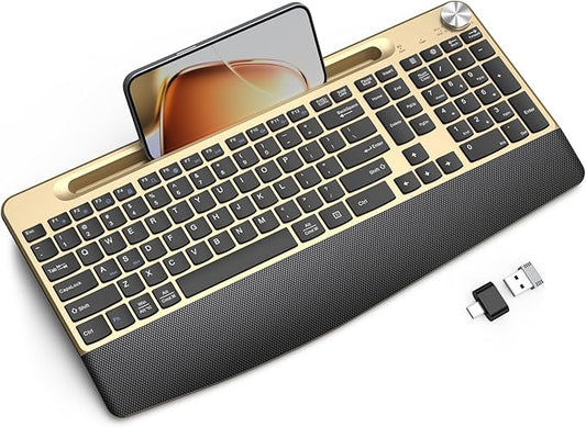 JOYACCESS Ergonomic Wireless Keyboard with Wrist Rest, Phone/Tablet Holder,Windows & Mac OS, 2.4 GHz Wireless, Full-Size,Quiet Keyboard Compatible for Laptop,PC, Mac, Windows -Black Glod