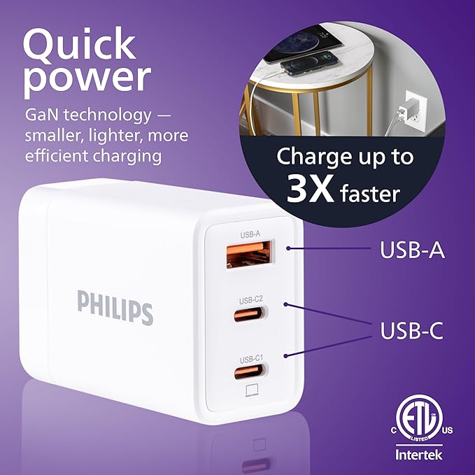 Philips iPhone Charger Fast Charging, 65W USB C Charger, 3-Port GaN USB C Charger Block with USB A and USB C, Foldable Fast Wall Charger for iPhone 16 Series, 15 Series, iPad Pro, White, DLP3653W/37
