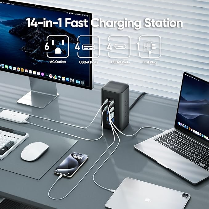 Power Strip Tower (230W), 14-in-1 USB-C Charging Station Tower with 2000J Surge Protection, 5FT Extension Cord with 6 AC Outlets & 8 USB Ports for Home Office Dorm Essentials