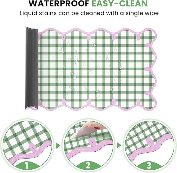 Leather Desk Pad, Desk Mat Mouse Pad, Non-Slip Mousepad Waterproof PU Table Blotter for Computer Laptop Extra Large Keyboard Mat for Women Girl Office Home Dorm, Pink Scalloped +Dark Green Checkered