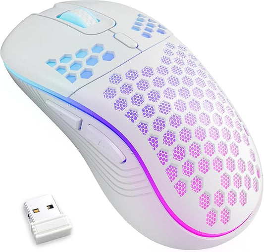 MELOGAGA Wireless Gaming Mouse Honeycomb 2.4G USB Cordless Mouse RGB Rechargeable PC Game Mice with 7-Color LED Lights???4 Adjustable DPI for Windows Laptop Desktop Computers -White