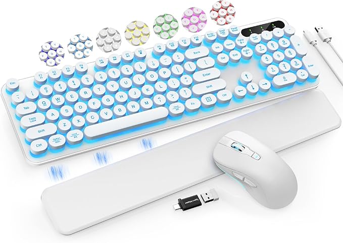 Wireless Keyboard and Mouse Backlit - Typewriter Keyboard with Retro Round Keycaps, Detachable Wrist Rest, Light Up Letters, 2.4G Rechargeable Combo for Mac, Windows, PC, Laptop, Trueque (White)