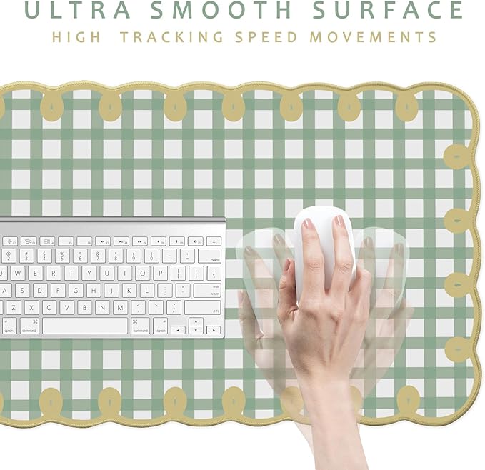 Cute Green Scalloped Desk Mat Checkered Large Mouse Pad Kawaii Vintage Farmhouse-Inspired Rustic Cottagecore Office Desk Decor Stitched Nonslip Pad for Computer Keyboard & Mouse 31 * 15.7in