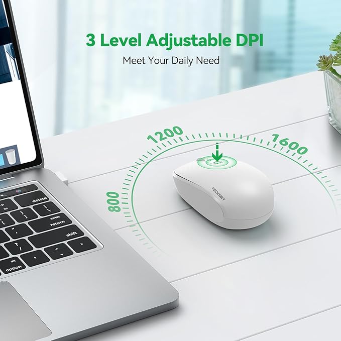 TECKNET Wireless Mouse for Laptop, 2.4G Quiet Computer Mouse with USB Receiver, 4 Buttons Portable Cordless Mice for Chromebook, Laptop, PC, Mac, 800/1200/1600 DPI - White