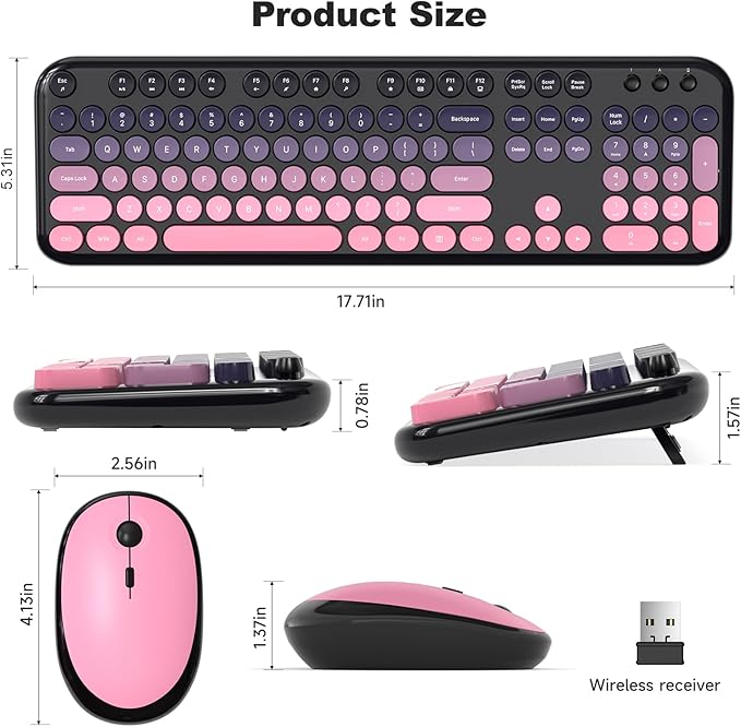 Wireless Keyboard Mouse Combo, Typewriter Full Size Keyboard with Number Pad and 2 in 1 USB Connected Mouse for PC Computer Laptop Desktop Windows 7 8 10 11 (Berry Pink)