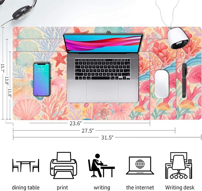 Large Mouse Pad, Pink Coral Desk Mat for Desktop, Women Girls Flowers PU Leather Waterproof Desk Pad, Computer PC Laptop Protector Gaming Mouse Pads for School Office Home 23.6" x 11.8"