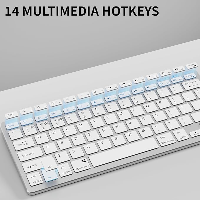 kenke Wireless Keyboard, 2.4GHz / Bluetooth 1.0/2.0 Wireless Keyboard, Low Profile & Lightweight, 78 Key, Fluid Precise Quiet Typing, Supports Bluetooth Connection, USB Rechargeable, Silvery White