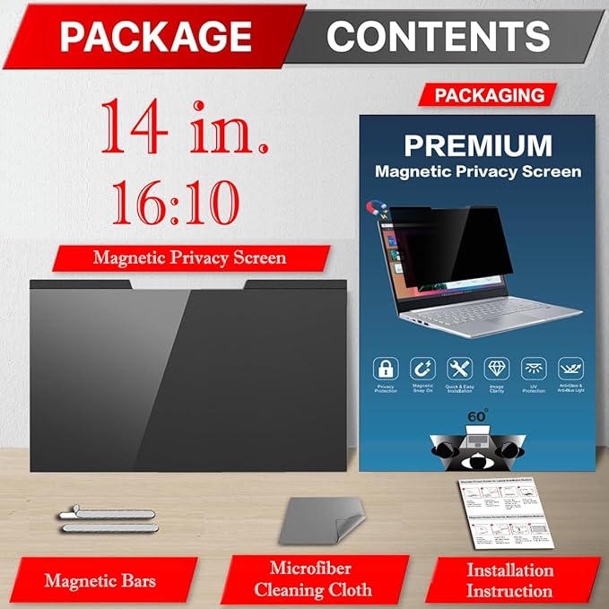14 Inches Magnetic Privacy Screen Filter for Laptop Widescreen 16:10 Monitor | Computer Privacy Shield | Anti Glare & Blue Light Filter | UV & Eye Protection | Anti Spy | Anti-Scratch Protector