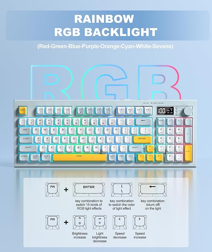 Wireless Keyboard Creamy Membrane with Rainbow Backlight,3-Mode Connectivity (BT/2.4G/USB-C) with LCD Screen & Multifunction Knob,200H Battery, 94 Key PBT Keycaps, Quiet Typing for Office/Home/Gaming