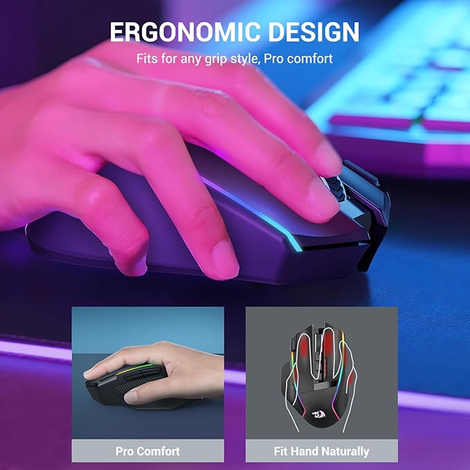 Redragon Wireless Gaming Mouse, Ergonomic Mouse 16000 DPI with Rapid Fire Key, 9 Macro Buttons, 170-Hour Durable Power Capacity and RGB Backlight Wired/Wireless Mouse for Laptop/Mac/PC