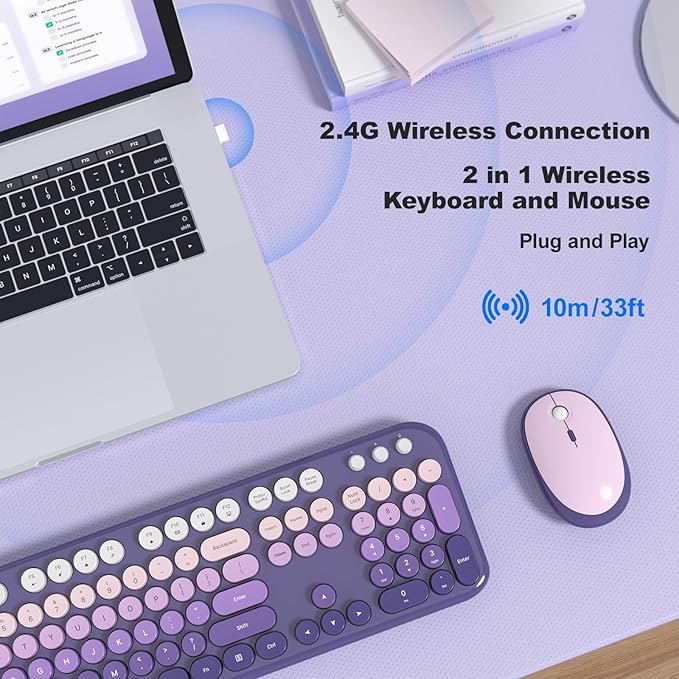 Wireless Keyboard and Mouse, 2.4G USB Retro Full Size Typewriter Keyboard and Cute Mouse Combo for Windows 7/8/10, Laptop, Desktop, PC, Computer (Purple)