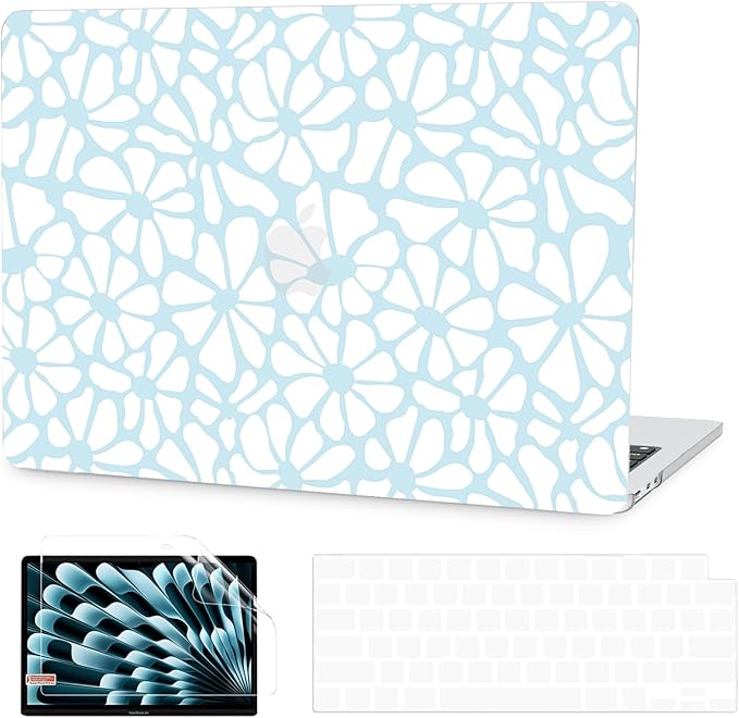 G JGOO Compatible with MacBook Air 13 inch Case 2026 2025-2022 M5 A3449 M4 A3240 M3 A3113 M2 A2681, Plastic Hard Shell for MacBook Air 13.6 inch Case + Keyboard Cover + Screen Protector, Blue Flower