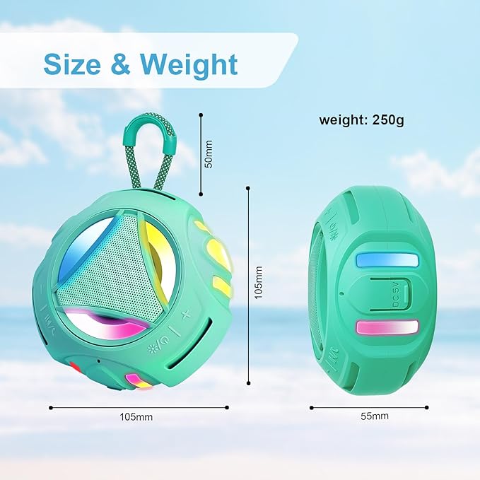 Portable Bluetooth Speaker, IPX7 Waterproof Shower Speaker, Wireless Outdoor Speakers, Floating, Built-in Mic, 24H Playtime with LED Lights, Loud HD Sound, Powerful Bass, Gifts for Unisex - Sky Blue