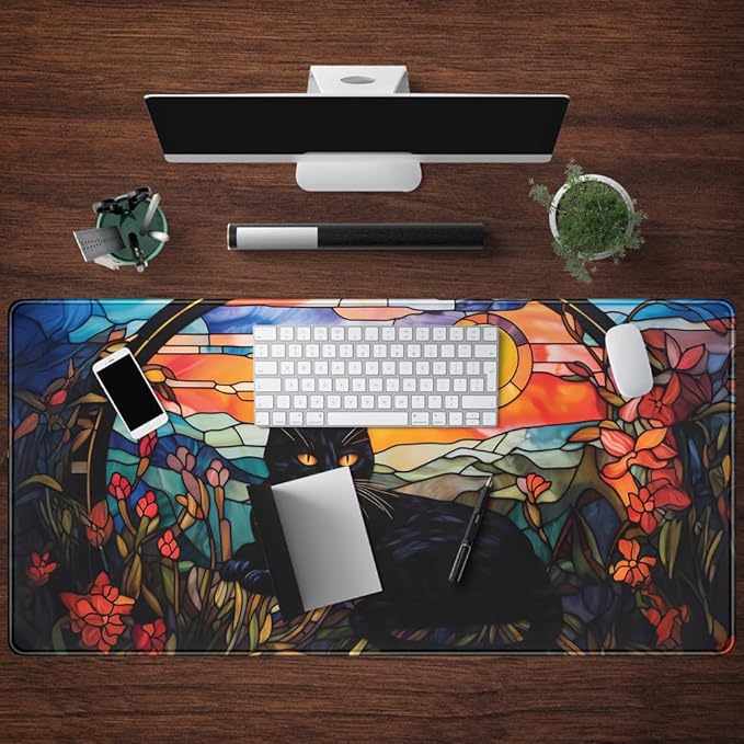 Black Cat Desk Mat Vintage Sunset XXL Large Mouse Pad Laptop Desk Mousepad with Stitched Edges, Keyboard Pad Mouse Mat for Work Game Office Desk Accessories 31.5x15.7 in