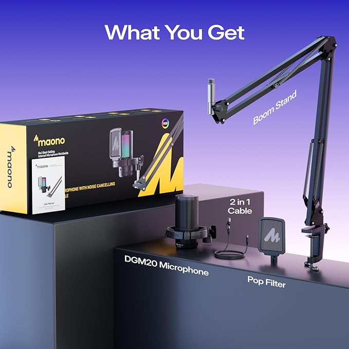 MAONO Gaming USB Microphone, Noise Cancellation Condenser Mic with Mute, Gain, Monitoring, Boom Arm Mic for Streaming, Podcast, Twitch, YouTube, Discord, PC, Computer, PS4, PS5, Mac, GamerWave DGM20S