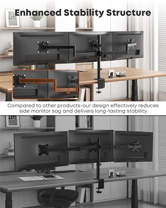 Triple Monitor Mount,3 Monitor Desk Mount Fits 13-27 inch Screens,Triple Monitor Stand Fully Adjustable with Cable Management,22 lbs Weight Capacity per Arm,VESA 75/100mm