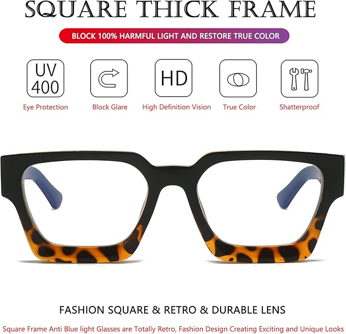 AIEYEZO Square Thick Frame Glasses for Women Men Fashion Blue Light Glasses Trendy Chic Computer Eyeglasses