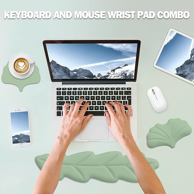 Keyboard Wrist Rest Pad Set, Leaf Shape PU Leather Memory Foam Wrist Cushion Support,Mouse Wrist Rest Pad,Non-Slip Wrist Support for Easy Typing Pain Relief, Green Leaf