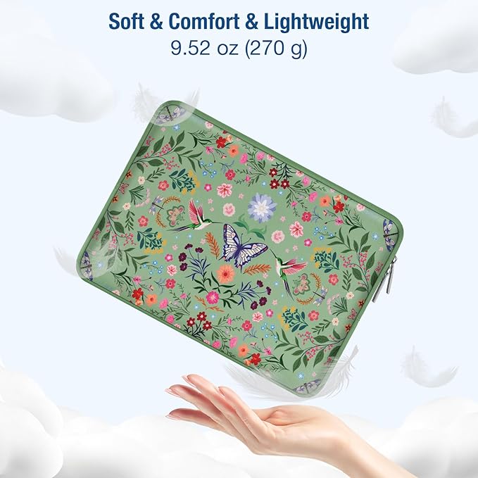 MOSISO Laptop Case 13.3 inch, 13-14 inch Laptop Sleeve Bag Compatible with MacBook Air/Pro 13/Pro 14, HP Dell Acer ASUS Lenovo, Neoprene Hummingbird Plants Flowers Computer Bag with Small Case, Green