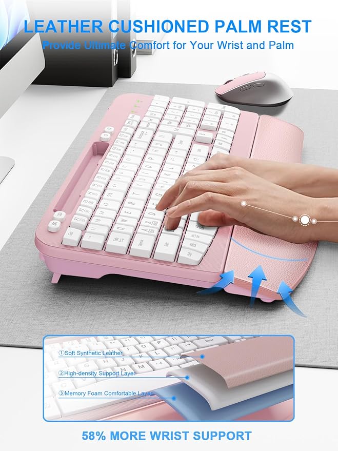 Wireless Keyboard and Mouse Combo, Wave Keys Computer Ergonomic Keyboard with Cushioned Plam Rest, Phone Holder, 2.4GHz Silent 6 Button Wireless Mouse Set for Laptop, PC, Windows, Mac (Pink)