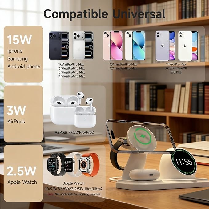 6 in 1 Wireless Charger i-Phone Charging Station: Stand for Multiple Devices for Apples - Compatible i-Phone 17 16 15 14 13 Pro Max Apples Watch Airpods, Design with Wireless Speaker & Clock (White)