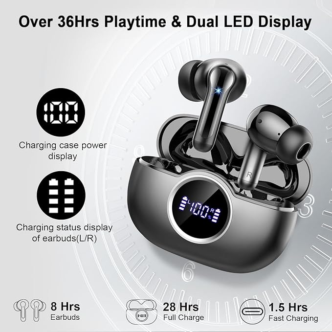 Wireless Earbuds, 2026 3D-Stereo Bluetooth 5.4 Headphones Deep Bass Ear Bud, 4 ENC Noise Cancelling Mic, 40+Hrs USB-C Earphones, IP-X7 Waterproof Headset for Sport Workout Gym Laptop Pad Android iOS