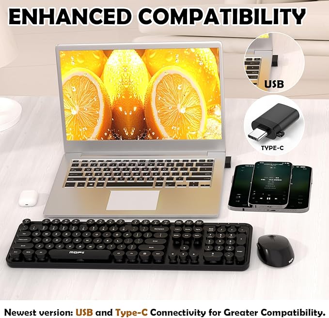 Wireless Keyboard and Mouse, COOFUN Cute Colorful 104 Keys Full Size Typewriter Keyboards Retro Cordless Key Board Ergonomic Keyboards and Mouse Wireless for Windows, PC, Laptop, Desktop (Black)