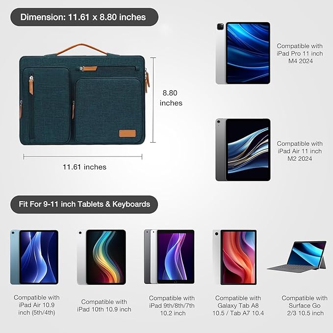 MOSISO 9-11 inch Tablet Sleeve Case for iPad A16 2025, iPad Air 11 inch M3 M2, iPad Pro 11 M4, iPad 10/9/8/7th, Galaxy Tab A9+/S9/S8/Plus 11, Side Open Carrying Bag with 4 Zipper Pockets, Teal Green