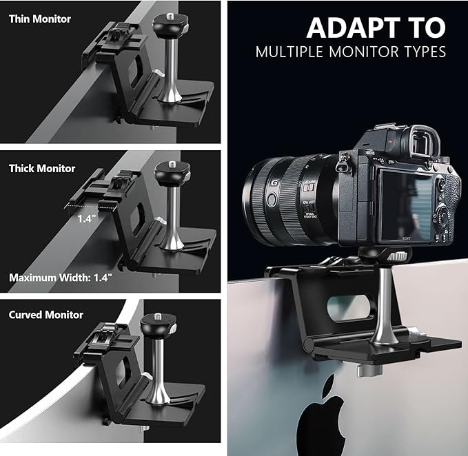RAUBAY 【Upgraded】 Monitor Camera Mount Stand, Hanging Webcam Clamp with 1/4" Screw, MILC Monitor Top Support for Live Stream, etc. Compatible with Curved Monitors, Maximum Width up to 1.4" CM02