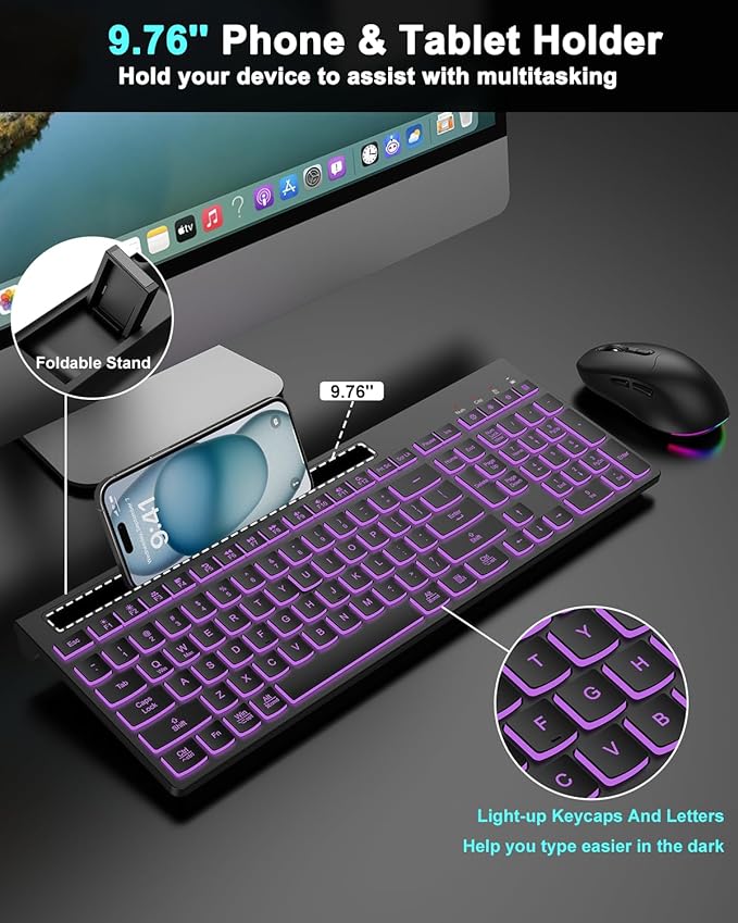 Wireless Keyboard and Mouse Combo, 7 Backlit Effects, Light Up Letters, Rechargeable, Phone Holder, 6 Button Mouse, Ergonomic Tilt Angle, 2.4GHz Silent USB Keyboard Mouse for Laptop, Computer, PC
