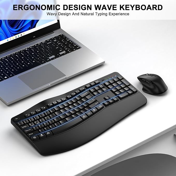 Wireless Keyboard and Mouse Combo, 2.4G Full Size Wave Keys Ergonomic Keyboard with Wrist Rest and 3-Level DPI Adjustable Wireless Ergonomic Mouse for Windows, Mac OS Desktop/Laptop/PC(Black)