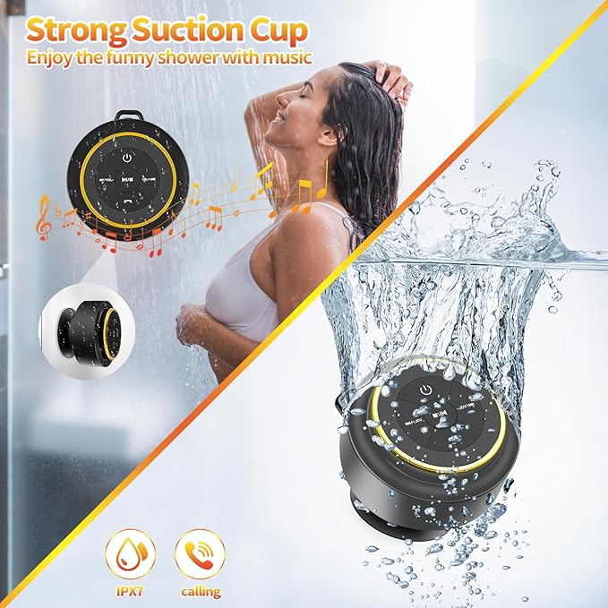 Bluetooth Shower Speaker with Carabiner, Portable Bluetooth Speakers with Suction Cup, IP67 Waterproof, Wireless, Floating, for Camping Beach Travel, Gift for Men, Women